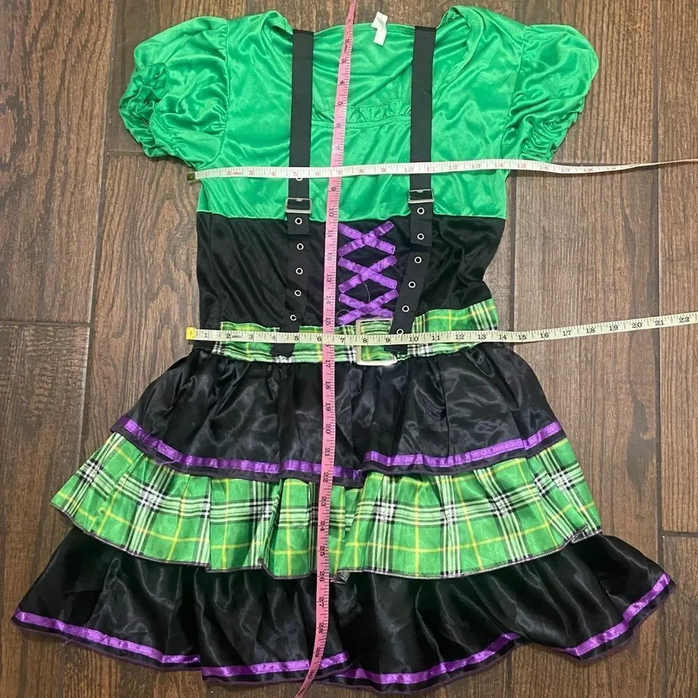 Vibrant Green and Black Kids Costume Dress with Purple Accents Size M7-8 Junior